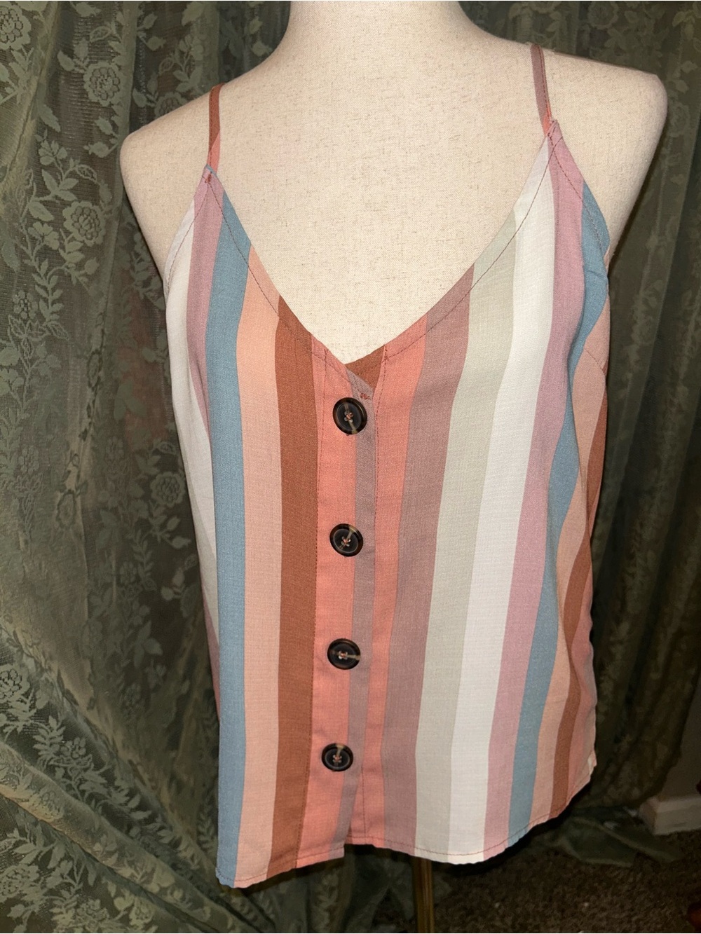 Striped V‑Neck Button Cami Tank - Multi Stripe